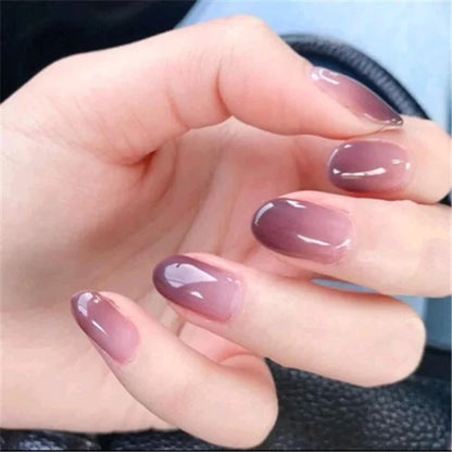 24 pieces False Nail Full Cover Fake Nail Crystal Elegant Pink Gradient French Short Nails Ellipse Shape Short Fake Nail