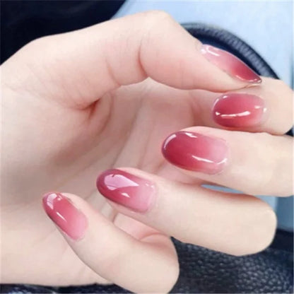 24 pieces False Nail Full Cover Fake Nail Crystal Elegant Pink Gradient French Short Nails Ellipse Shape Short Fake Nail