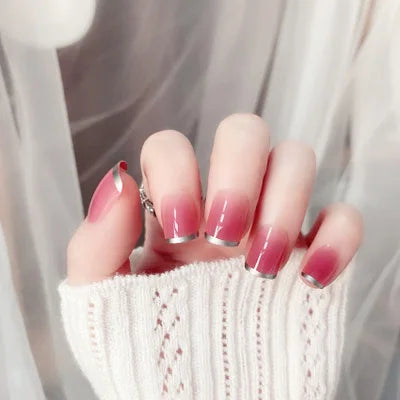 24 pieces False Nail Full Cover Fake Nail Crystal Elegant Pink Gradient French Short Nails Ellipse Shape Short Fake Nail