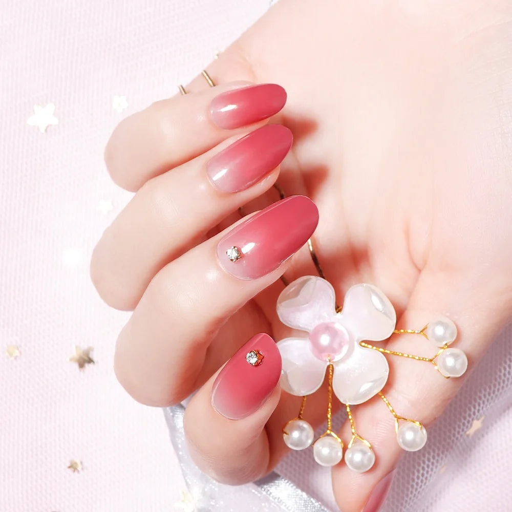 24 pieces False Nail Full Cover Fake Nail Crystal Elegant Pink Gradient French Short Nails Ellipse Shape Short Fake Nail