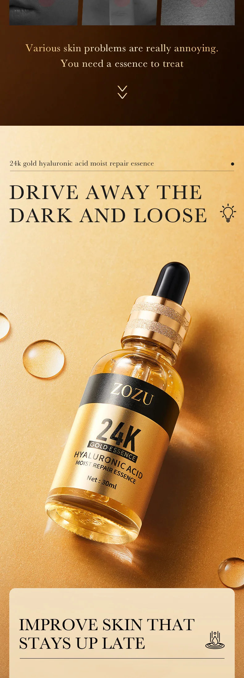 24k Gold Hyaluronic Acid Nicotinamide Face Serum Anti Aging Facial Lifting Collagen Cream Skin Care Whitening Eye Care Cleanser