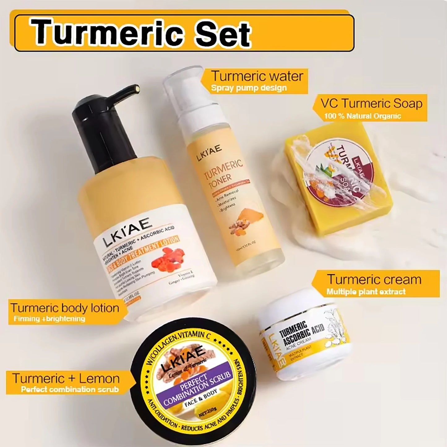 AILKE Organic Turmeric Skin Care Set, Brighten, Cleaning Skin, Reduce Acne, Whiten, Even Skin Tone, Improve Dry Skin