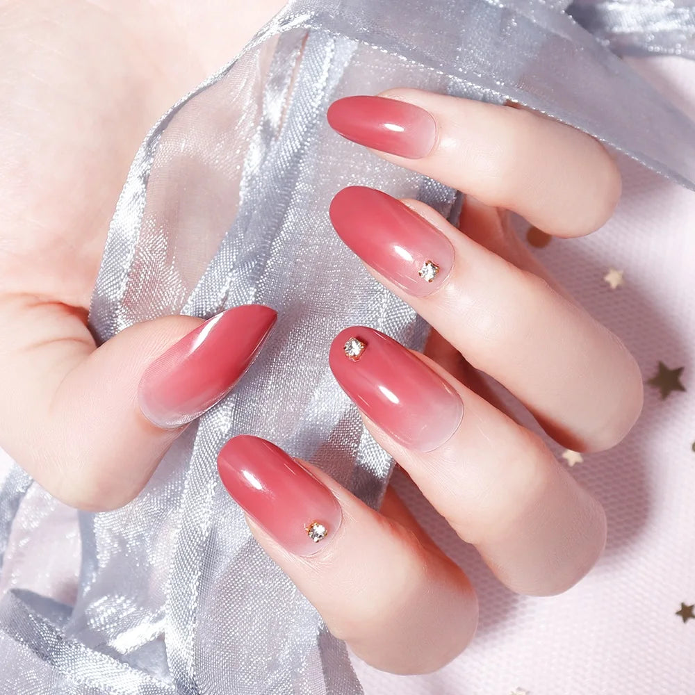 24 pieces False Nail Full Cover Fake Nail Crystal Elegant Pink Gradient French Short Nails Ellipse Shape Short Fake Nail