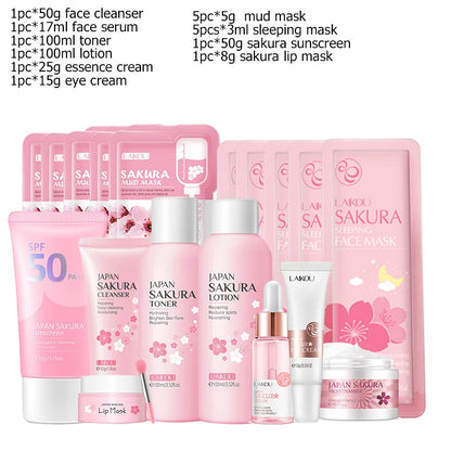 Japan Sakura Facial Cleaner Korean Face Serum Exfoliating Peeling Gel Moisturize Toner Eye Cream Sunscreen Cosmetic SkinCare Set