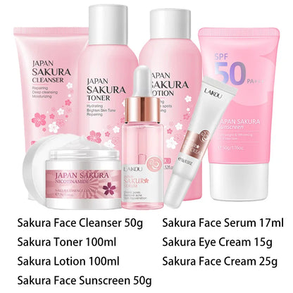 Japan Sakura Facial Cleaner Korean Face Serum Exfoliating Peeling Gel Moisturize Toner Eye Cream Sunscreen Cosmetic SkinCare Set