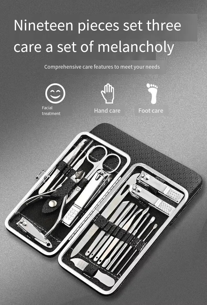 19Pcs Professional Nail Cutter Tools Manicure Set Pedicure Sets Nail Clipper Stainless Steel Travel Case Kit High-Quality