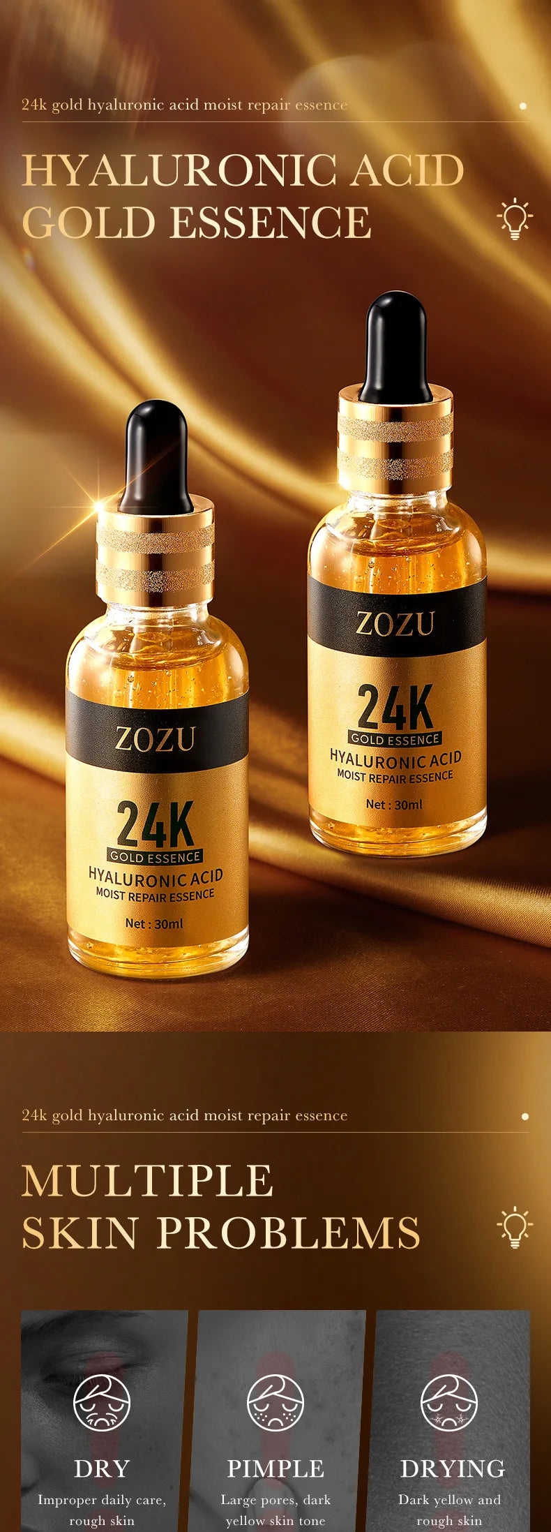 24k Gold Hyaluronic Acid Nicotinamide Face Serum Anti Aging Facial Lifting Collagen Cream Skin Care Whitening Eye Care Cleanser