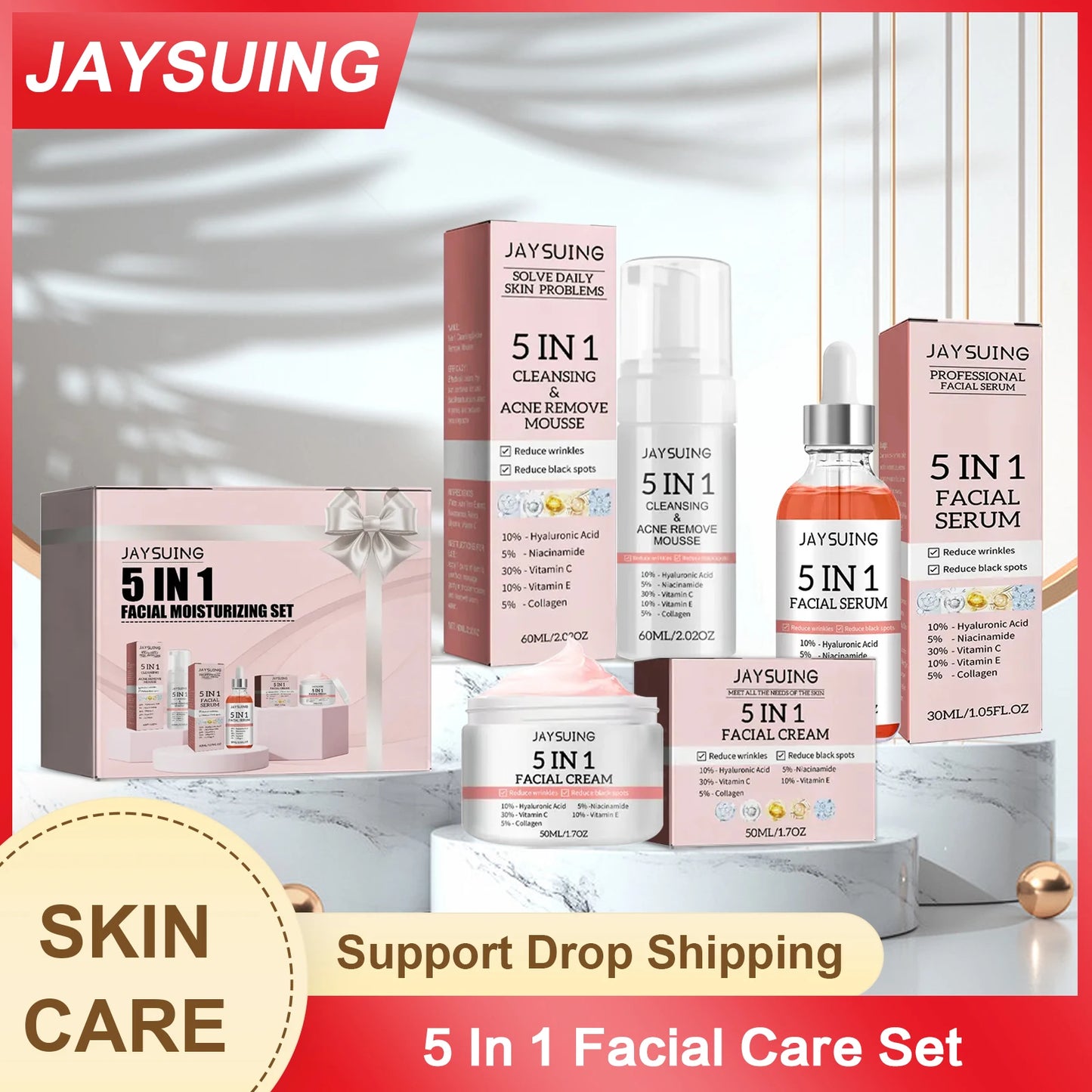 5 In 1 Anti Ag-ing Serum Fade Fine Lines Anti Wrin-kle Agin-g Lifting Tighten Remove Dark Sp-ot Pore Shrinking Whit-ening Cream