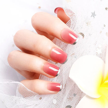 24 pieces False Nail Full Cover Fake Nail Crystal Elegant Pink Gradient French Short Nails Ellipse Shape Short Fake Nail