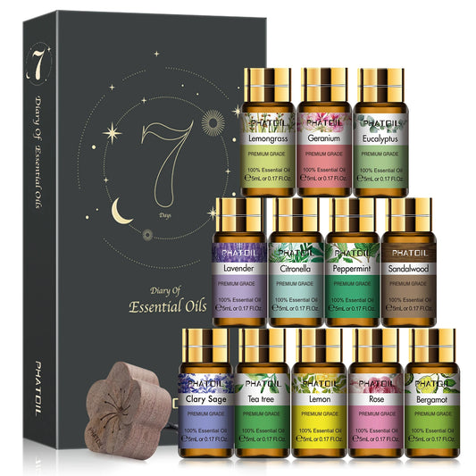 PHATOIL 12pcs Gift Box Pure Essential Oils for Humidifiers Diffuser Massage Spa Lavender Lemongrass Rose Lemon Geranium Tea tree