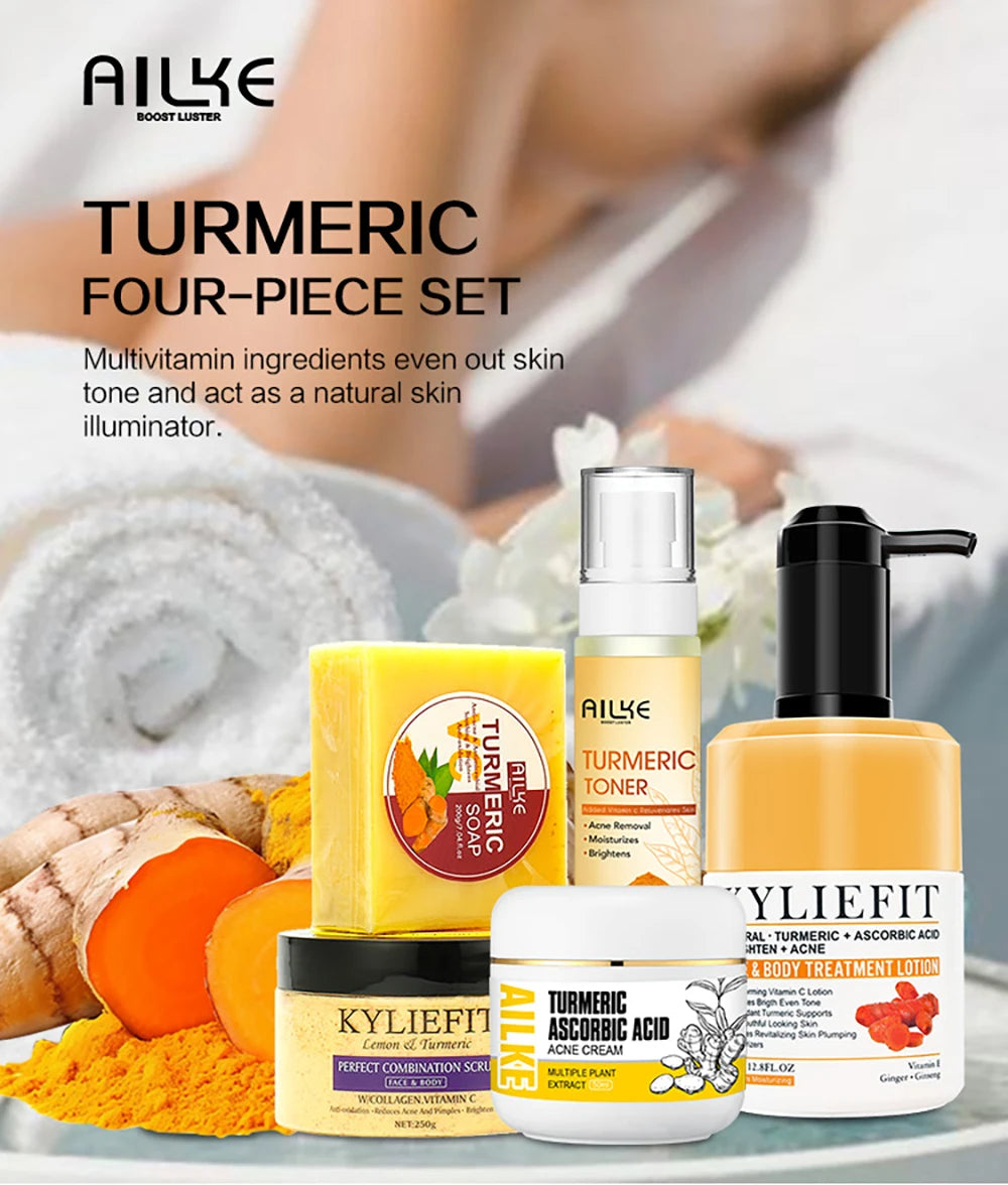 AILKE Organic Turmeric Skin Care Set, Brighten, Cleaning Skin, Reduce Acne, Whiten, Even Skin Tone, Improve Dry Skin