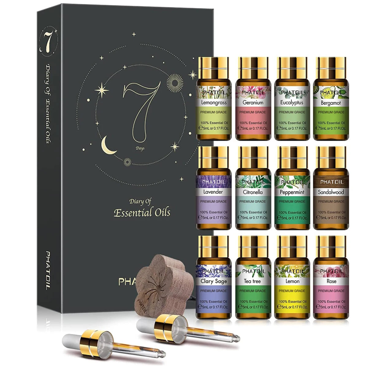 PHATOIL 12pcs Gift Box Pure Essential Oils for Humidifiers Diffuser Massage Spa Lavender Lemongrass Rose Lemon Geranium Tea tree