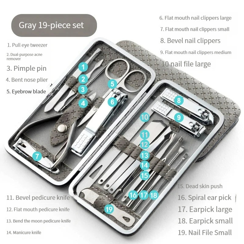 19Pcs Professional Nail Cutter Tools Manicure Set Pedicure Sets Nail Clipper Stainless Steel Travel Case Kit High-Quality