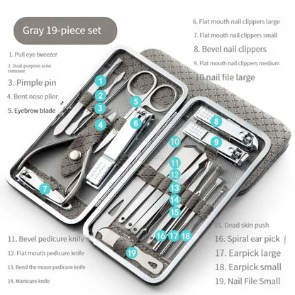 19Pcs Professional Nail Cutter Tools Manicure Set Pedicure Sets Nail Clipper Stainless Steel Travel Case Kit High-Quality